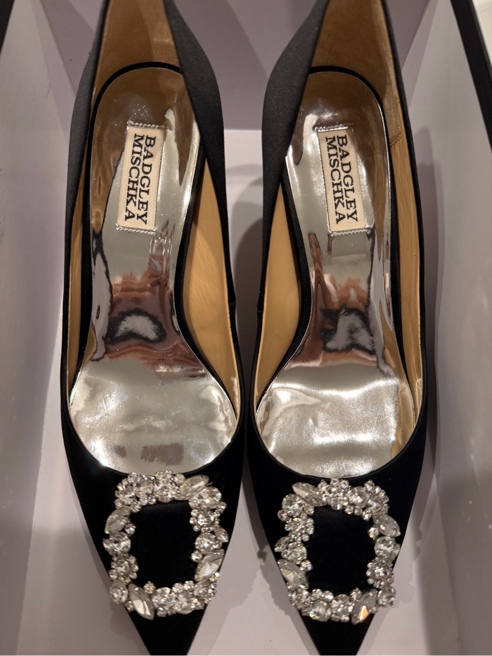 Badgley Mischka Black Satin Pointed Toe Heels with Crystal Buckles
